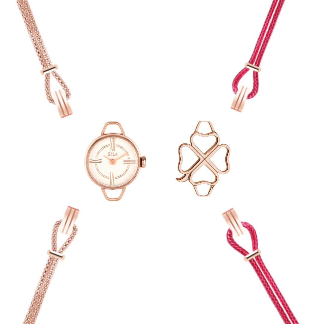 pack montre rose gold trefle et rose indien