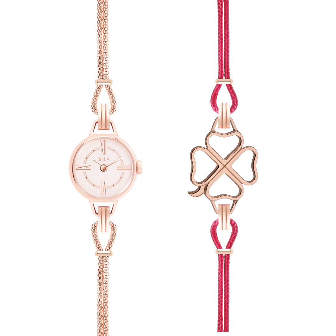 pack montre rose gold trefle et rose indien