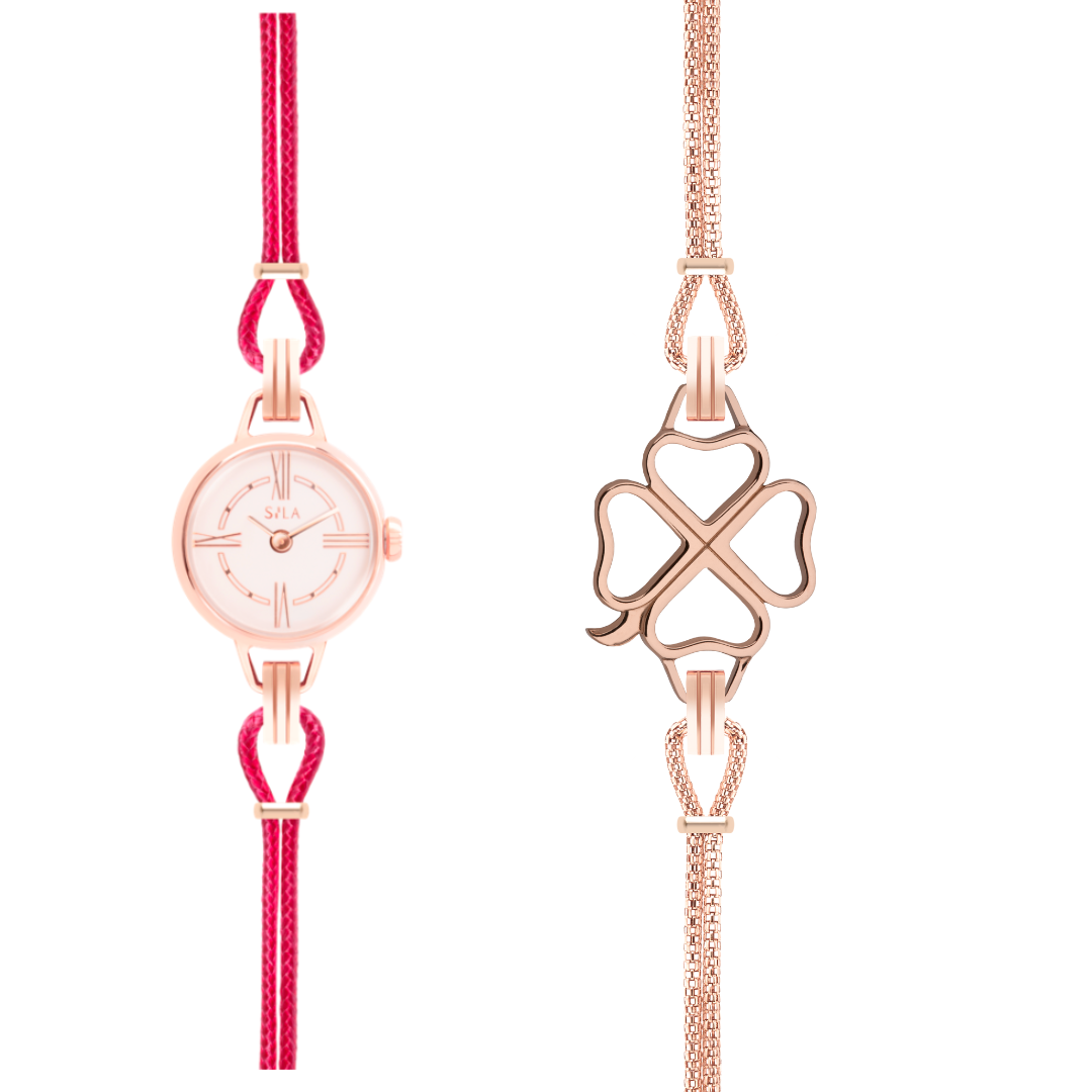 pack montre rose gold trefle et rose indien